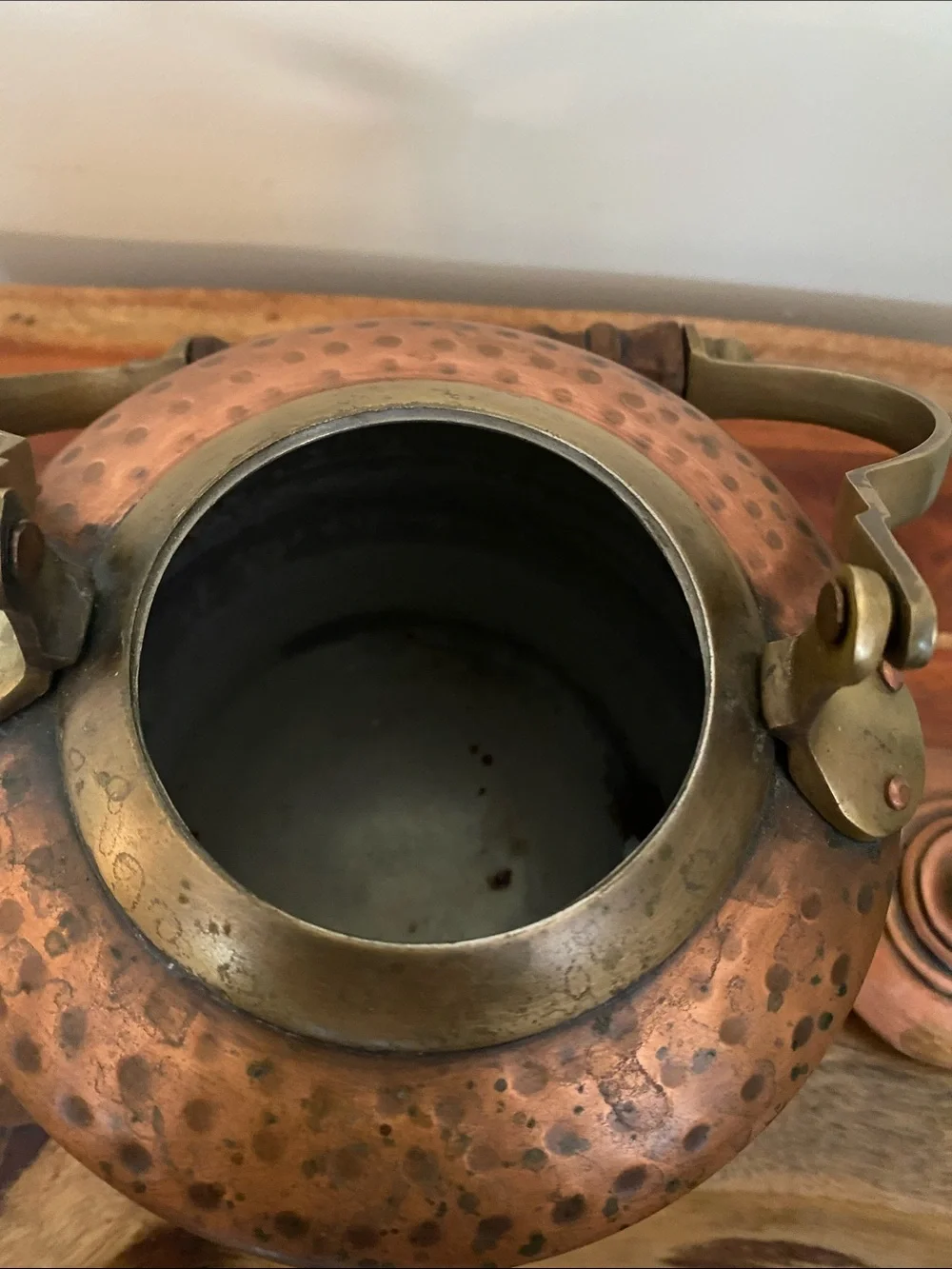 Vintage Hammered Copper and brass Teakettle. Wood handle. Cottagecore primative